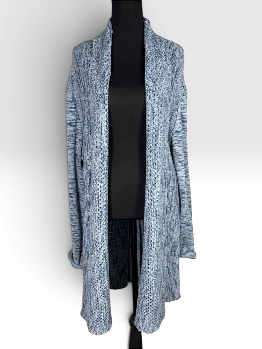 Studio Works XL Blue Marled Knit Long Cardigan Open Front 100% Cotton